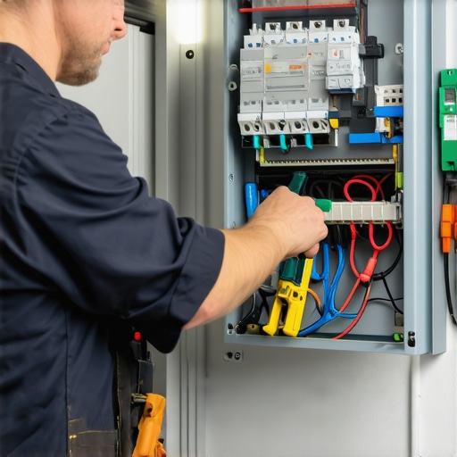 Professional electrician inspecting an electrical panel for safety and compliance
