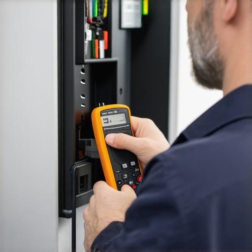 Technician verifying wiring integrity on EV charger with digital multimeter