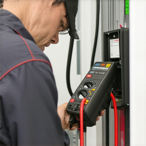 Electrician inspecting EV charger wiring with a multimeter in a garage