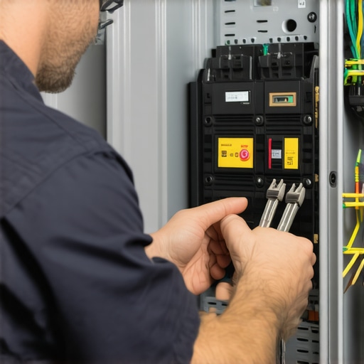 Electrician checking grounding wires inside a home's electrical panel.
