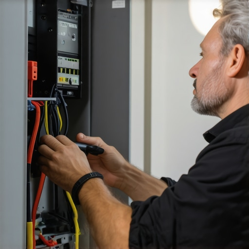 Electrician replacing or upgrading a home's electrical panel for EV charger compatibility and safety, illustrating proper wiring and component installation.