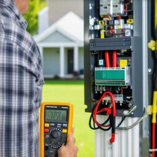 Person measuring home electrical panel with a multimeter