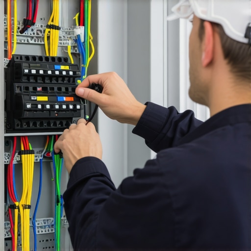 Electrician tightening neutral wire connections in an open electrical panel.