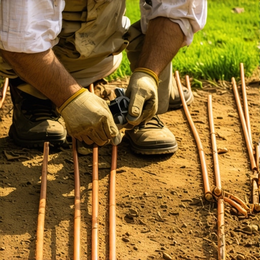 Technician installing grounding rods outside a house with safety gear and tools, showing grounding clamps and copper rods.