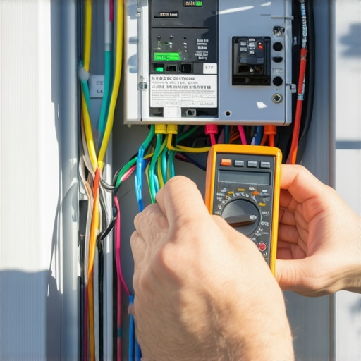 Person checking outdoor electrical wiring with a multimeter in a backyard setting