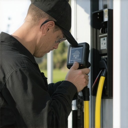 Technician performing thermal imaging on electrical wiring at an EV charging station.
