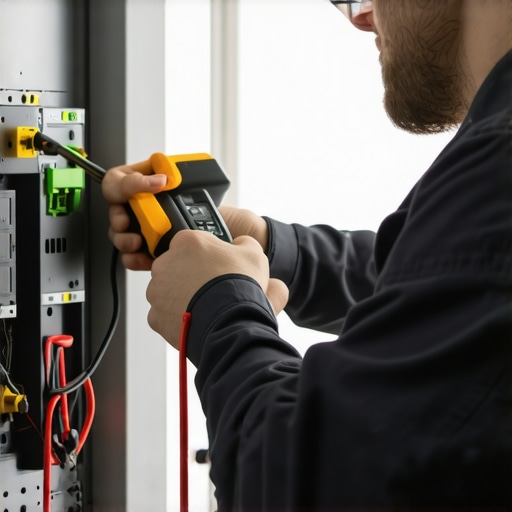 A person uses a clamp meter to measure electrical current in an EV charging setup