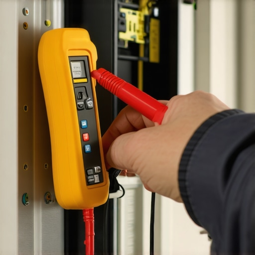 Using a Fluke T5 Tester for EV Charger Maintenance A technician inspecting electrical wiring with a Fluke T5 tester to ensure safe EV charging.