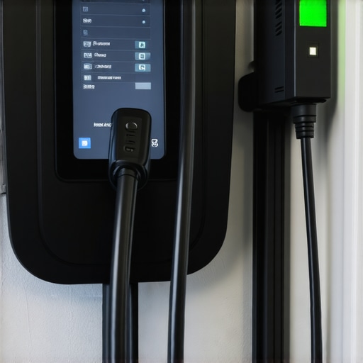 Technician adjusting EV charger settings on a home panel with wires and display.