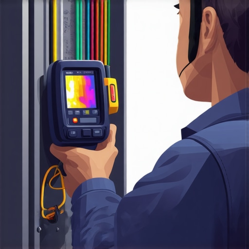 Electrician using thermal imaging to detect heat spots in home electrical panel