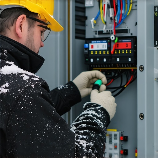 Electrician inspecting an upgraded electrical panel outdoors in winter