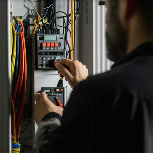 Electrician inspecting panel wiring for proper neutral bonding using multimeter