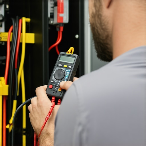 Electrician measuring power draw on EV charger wiring with clamp meter.