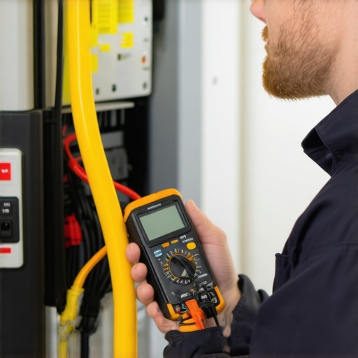 Close-up of an electrician's hand holding a digital multimeter measuring circuit resistance in an EV charger installation.