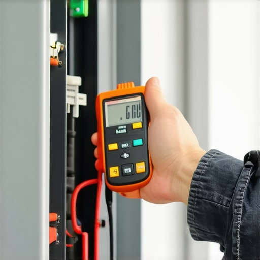 Technician measuring electrical current on a home EV charging panel with a clamp meter