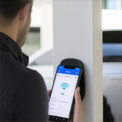 Monitoring EV Charger Connectivity with WiFi Analyzer A person checking WiFi signal strength on a smartphone next to an EV charger in a garage.