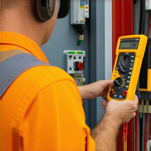 Electrician testing ground connections with a Fluke multimeter on an outdoor EV charger panel.