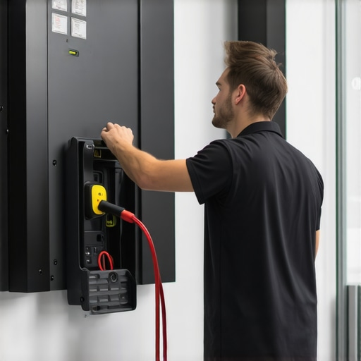 Electrician checking electrical panel for compatibility with EV charger