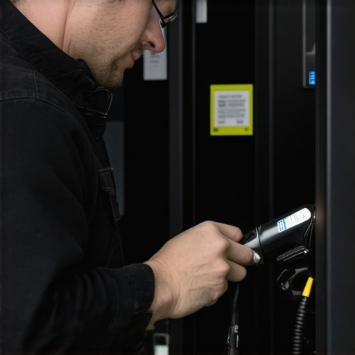 Electrician using digital multimeter to troubleshoot EV charger in garage