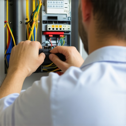 Electrician installing new wiring in an upgraded home electrical panel for improved electric vehicle charging capability