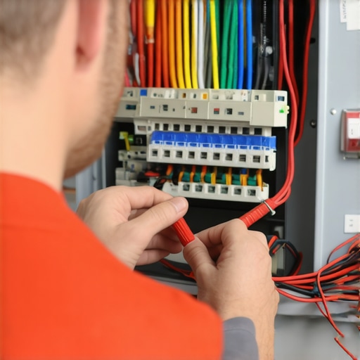 Electrician checking grounding wire in electrical panel