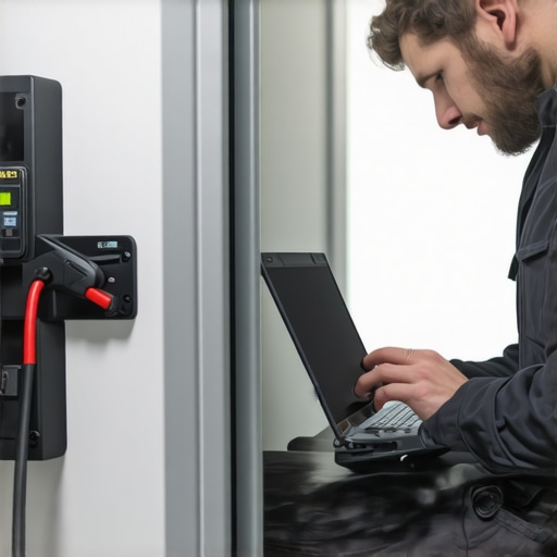 Technician using multimeter and laptop to troubleshoot an EV charger in a well-lit garage