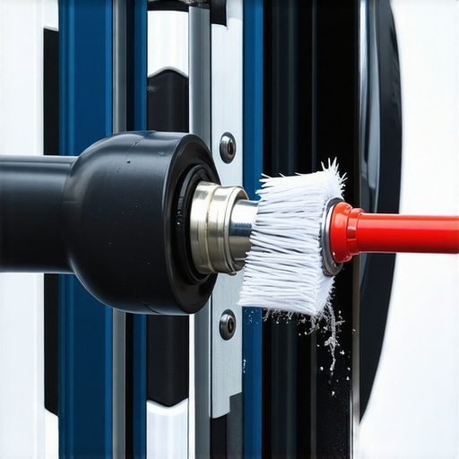 Close-up of a hand inspecting and cleaning the EV charging handle with a soft brush and compressed air.