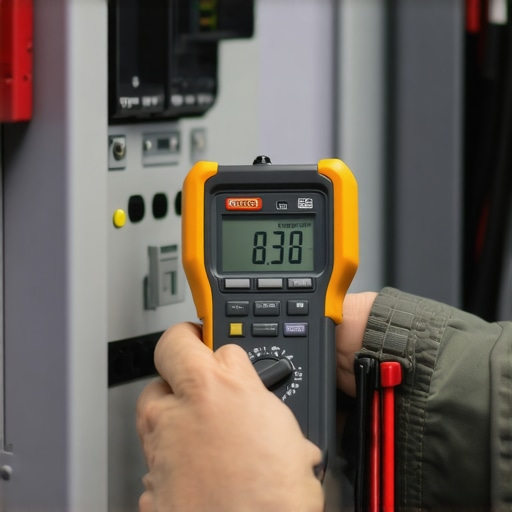Technician measuring electrical current in a panel with a clamp meter during maintenance.
