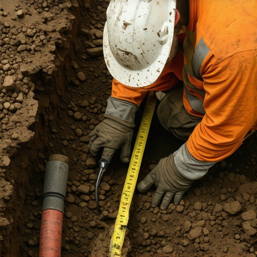 Contractor measuring conduit depth with a tape measure during EV charger installation