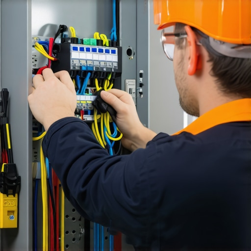 Electrician installing wiring in a home electrical panel for EV charger