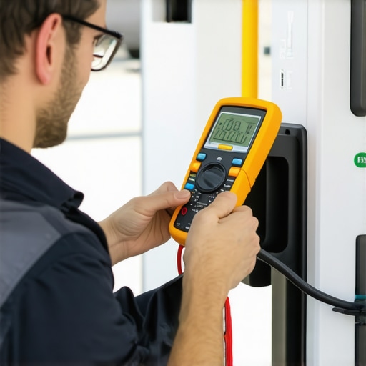 Technician inspecting an EV charging station with multimeter and circuit tester during routine maintenance.