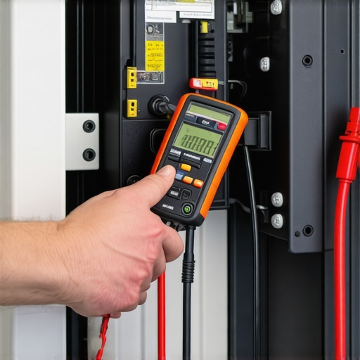 Electrician testing wiring connections with multimeter for EV charger installation