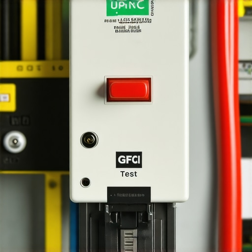 High-quality electrical panel with a GFCI breaker showing the reset and test buttons.