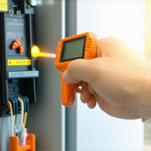 An infrared thermometer measuring the heat of a circuit breaker in a home electrical panel to prevent EV charging failures.