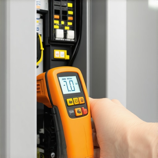 A digital infrared thermometer pointed at a circuit breaker to monitor heat during EV charging.