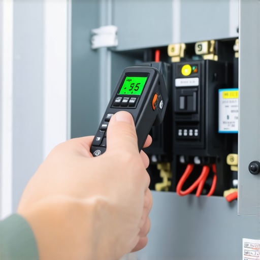A homeowner using an infrared thermometer to monitor the heat of an EV charger breaker.