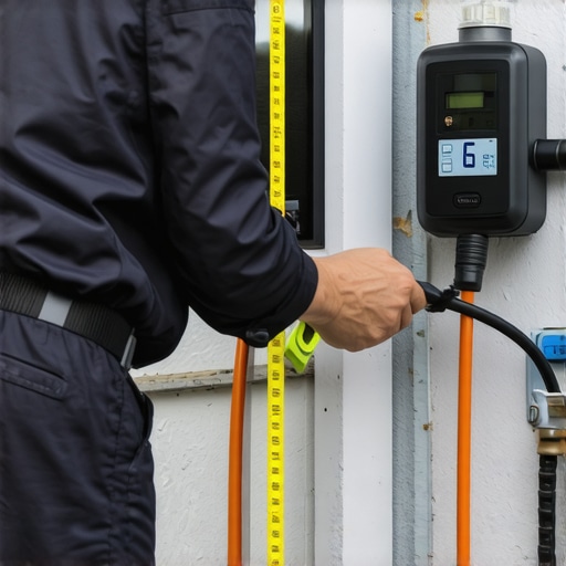 A professional checking the distance between an EV charger and a gas meter to ensure NEC code compliance.