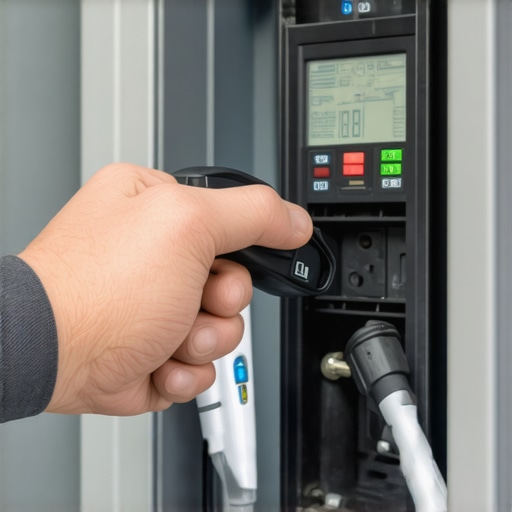 Person using infrared thermometer to check EV charger breaker for overheating