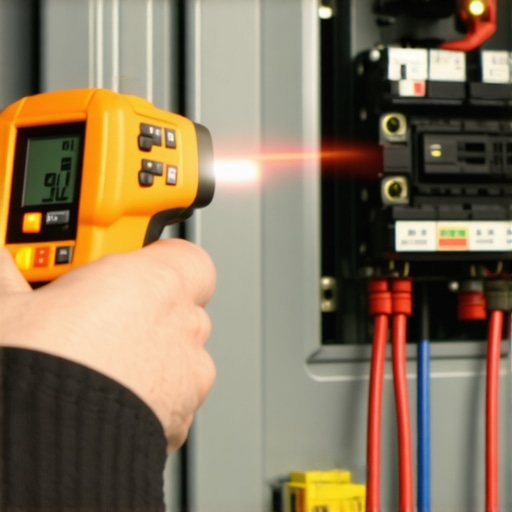 Electrician using an infrared thermometer to monitor EV charger breaker heat levels