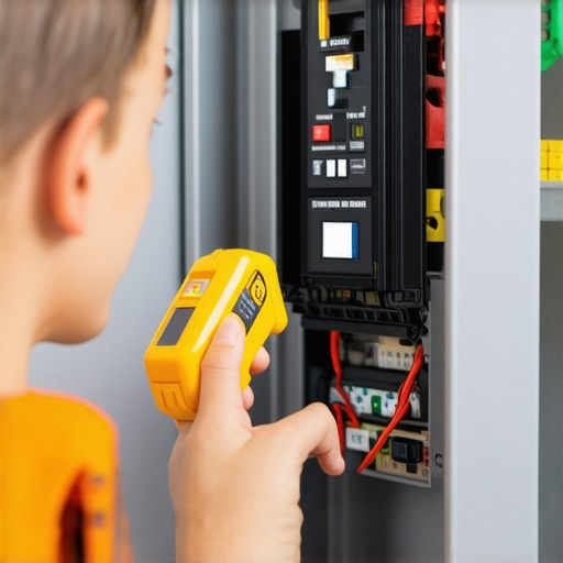 Homeowner using infrared thermometer for electrical maintenance