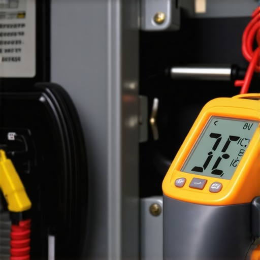 Infrared thermometer detecting heat on a residential circuit breaker during high-load EV charging.