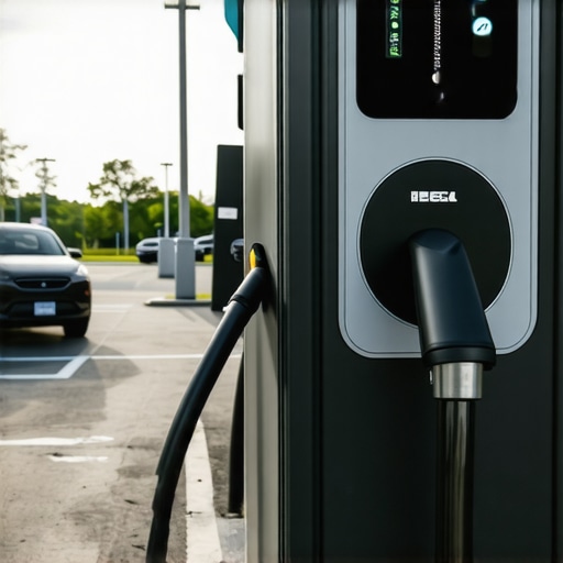 A close-up of a commercial electric vehicle charger showing the screen and connector handle.