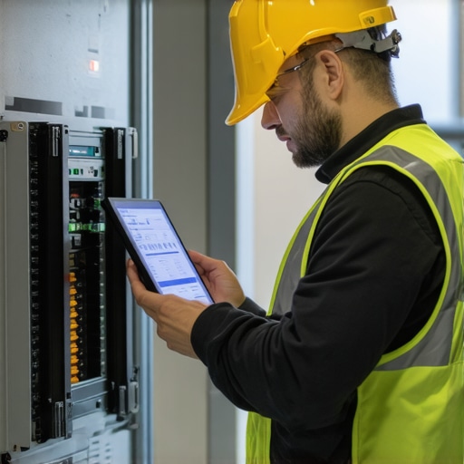 Electrician checking commercial panel capacity for EV chargers.
