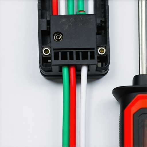 Close up of red, black, white neutral and green ground wires being installed in an EV charger junction box.