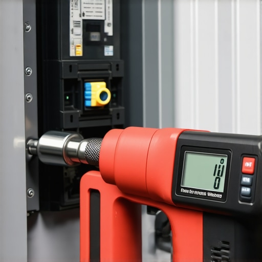 Professional electrician using a torque wrench on an EV charger circuit breaker to ensure a secure connection.