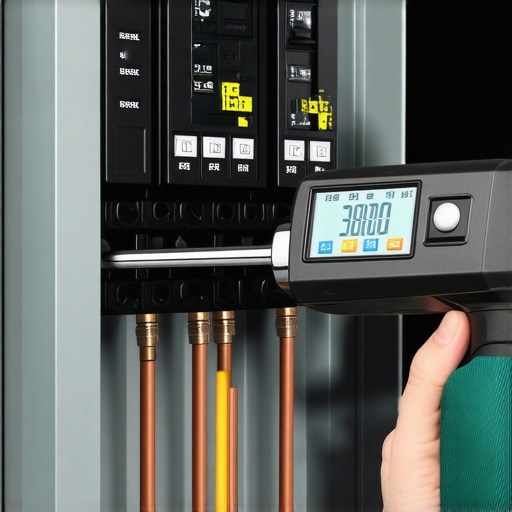 Professional electrician using a torque wrench on a breaker