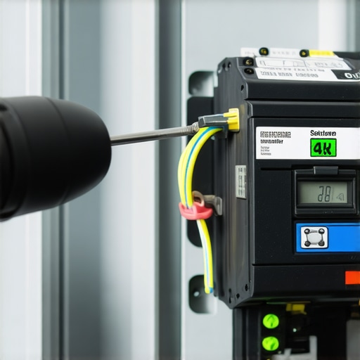 A professional electrician uses a torque tool to secure EV charger wiring in a panel.