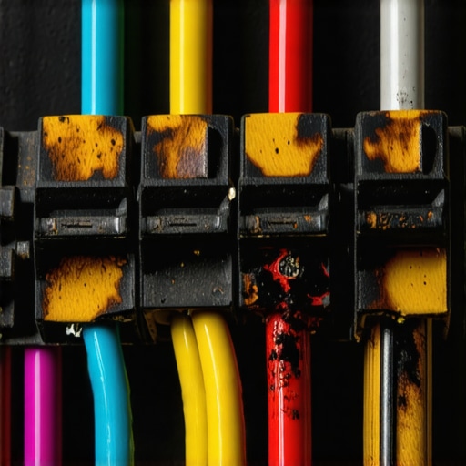 Close-up of a burnt electrical terminal block from a failed EV charger installation.