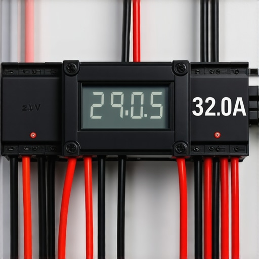 A digital electrical sub-meter showing voltage and amperage inside an EV charging circuit panel.