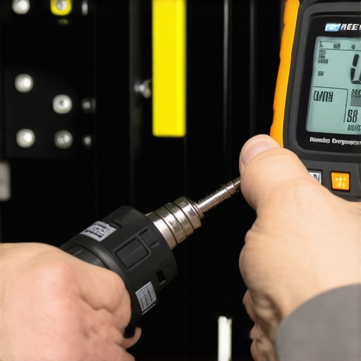 A close-up of a digital torque screwdriver ensuring precise terminal tension in an EV charger installation.